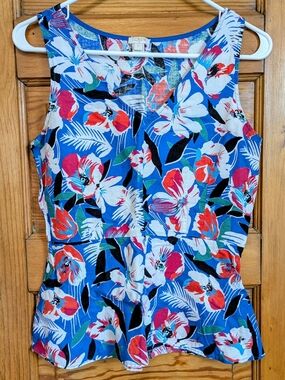 J. Crew Blue White And Red Topical Floral Sleeveless Linen And Cotton Peplum Top